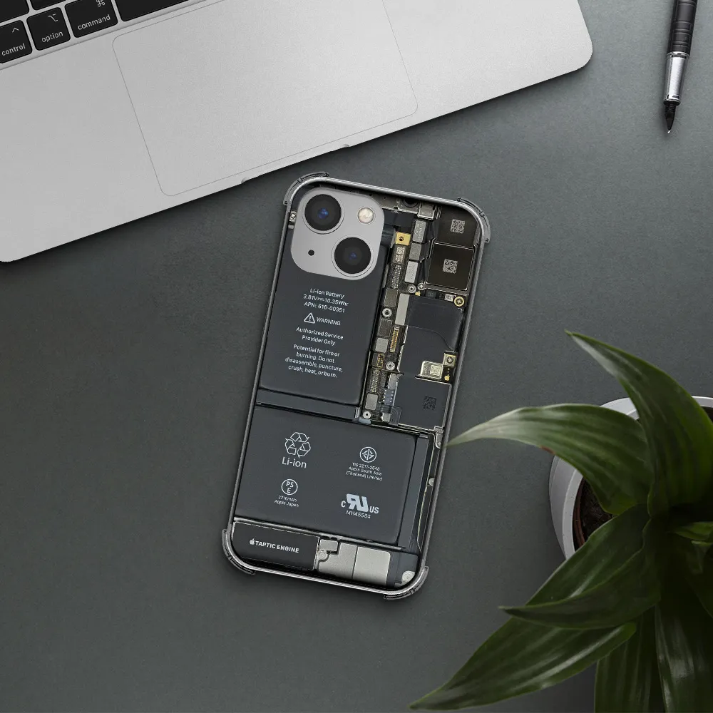 a close-up of a cell phone battery Apple iPhone 13 mini Clear PC Case