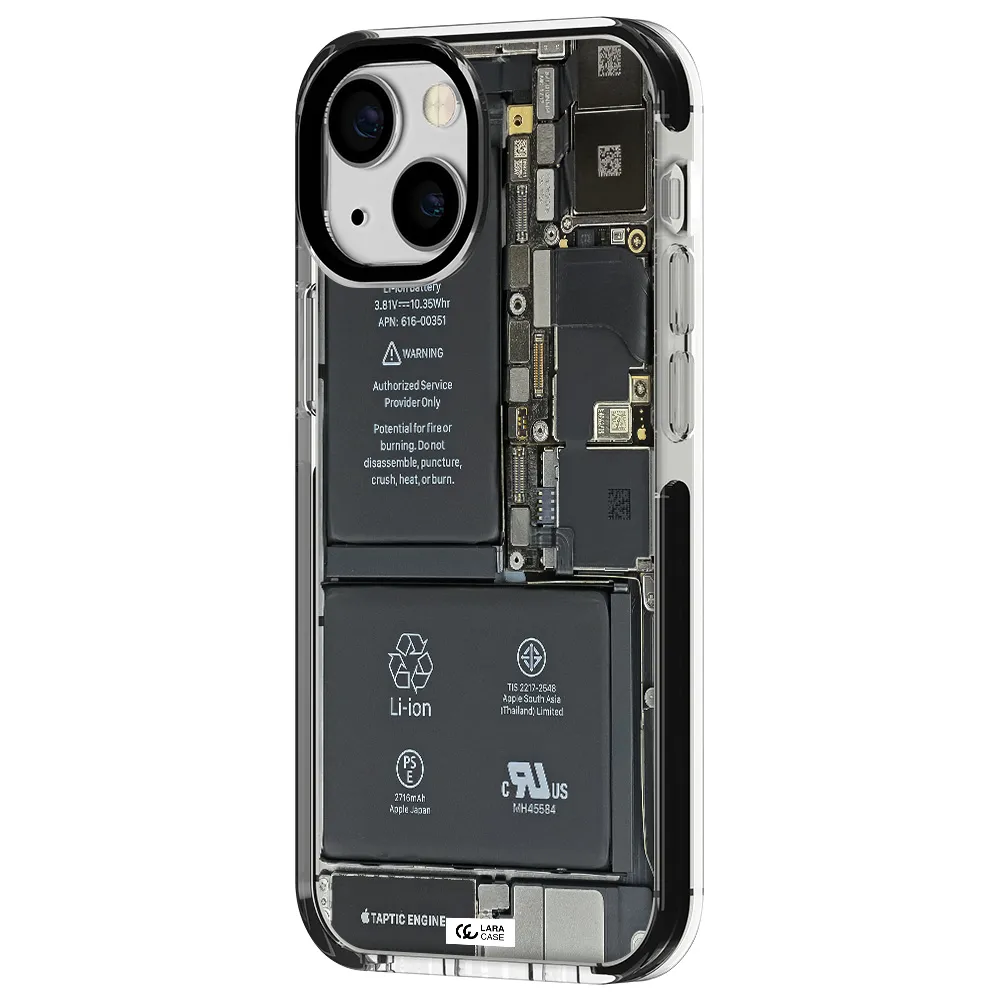 a close-up of a cell phone battery Apple iPhone 13 mini impact black border Case