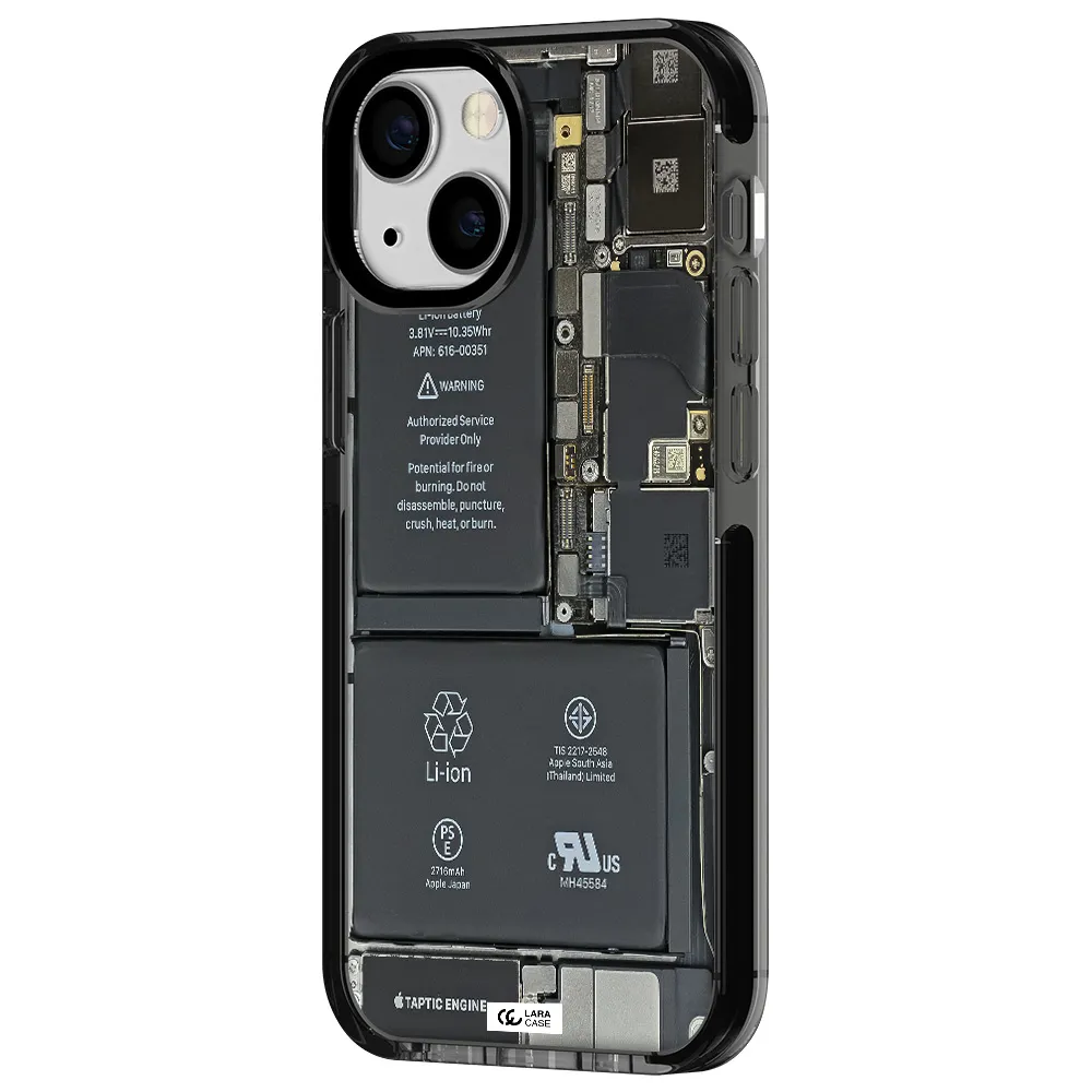 a close-up of a cell phone battery Apple iPhone 13 mini impact Smoke Black Case