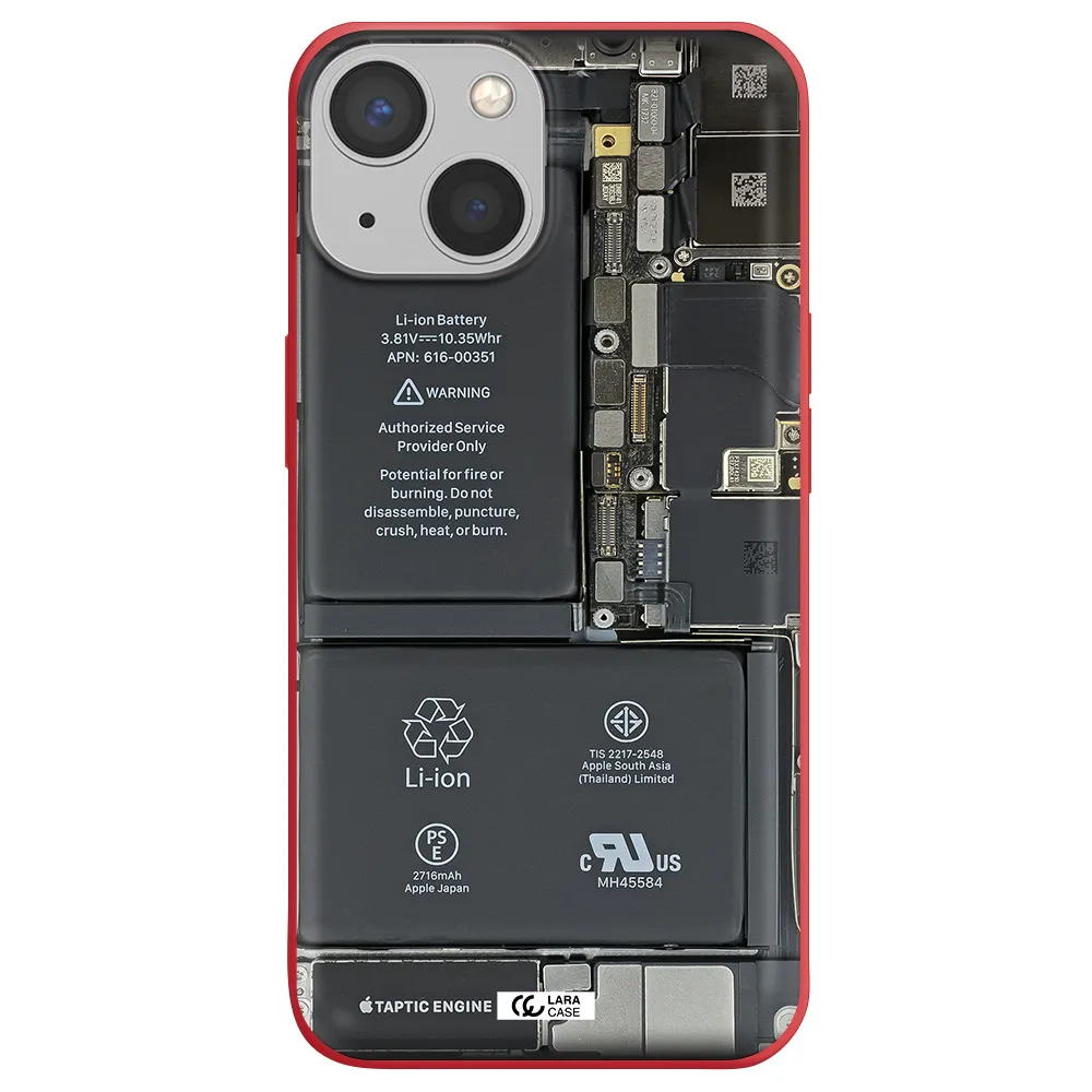 a close-up of a cell phone battery Apple iPhone 13 mini Silicone Imperial Red Case