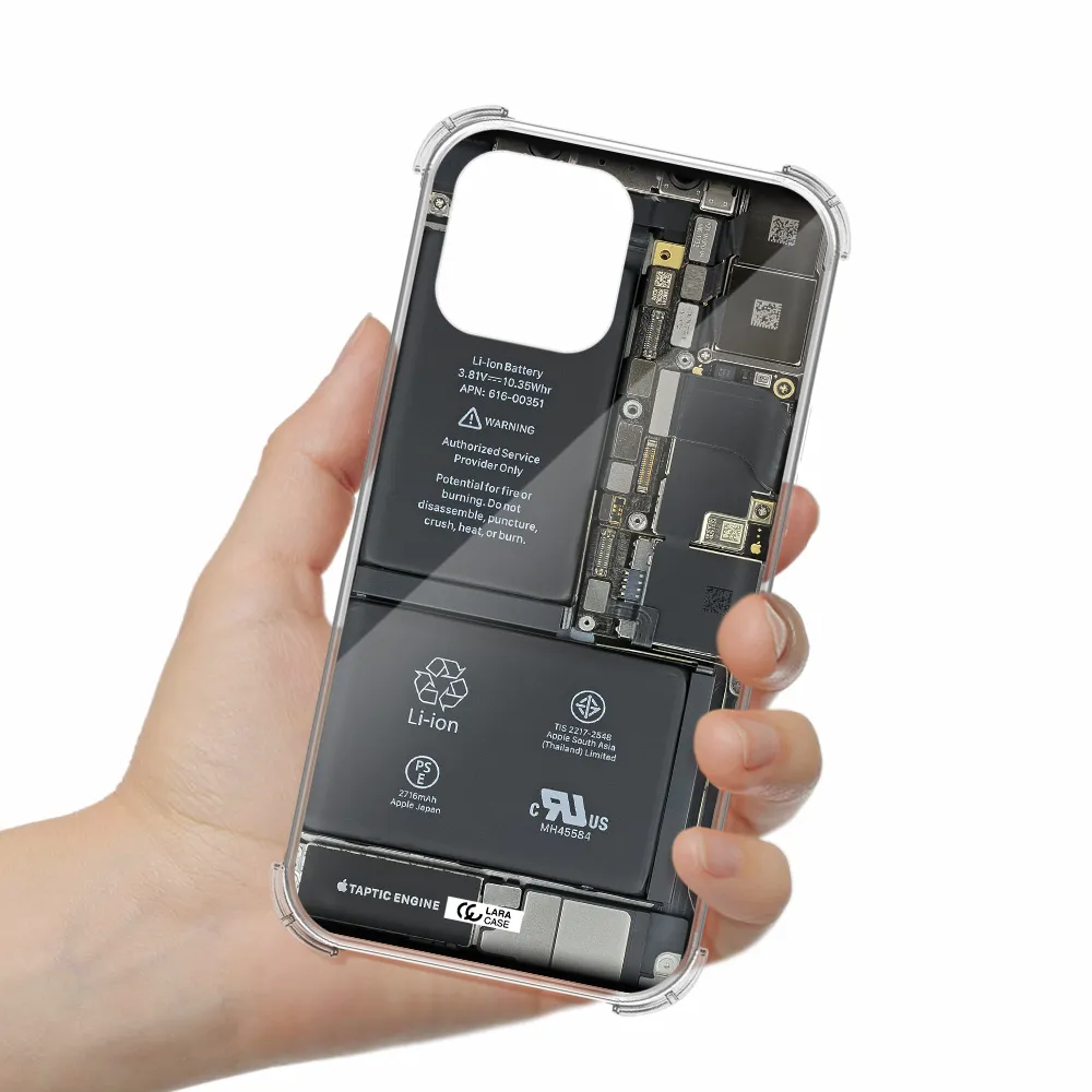 a close-up of a cell phone battery Apple iPhone 13 Pro Clear PC Case