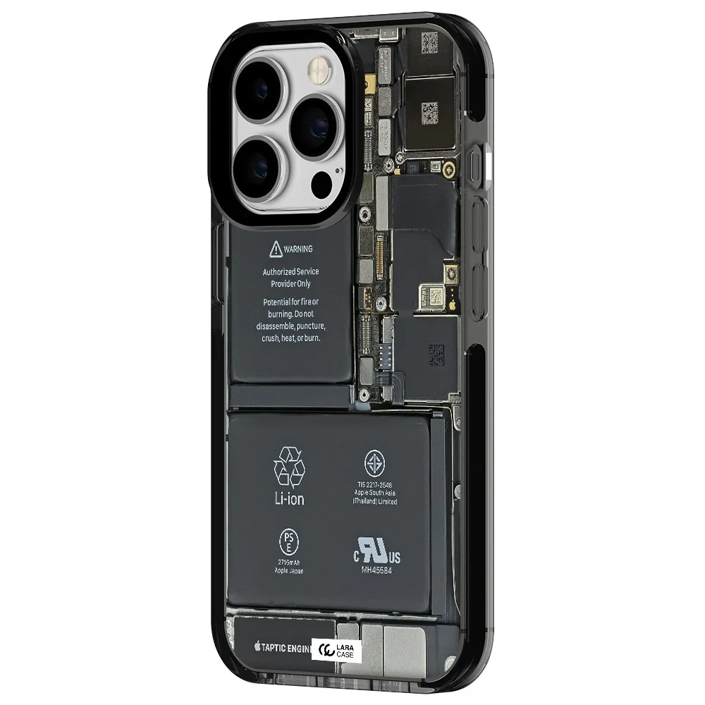 a close-up of a cell phone battery Apple iPhone 13 Pro impact Smoke Black Case