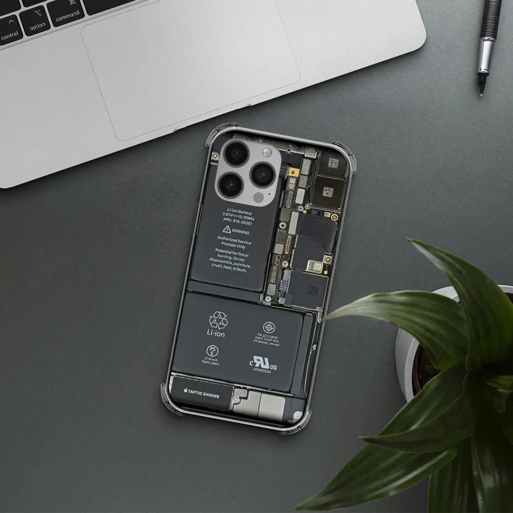 a close-up of a cell phone battery Apple iPhone 13 Pro Max Clear PC Case