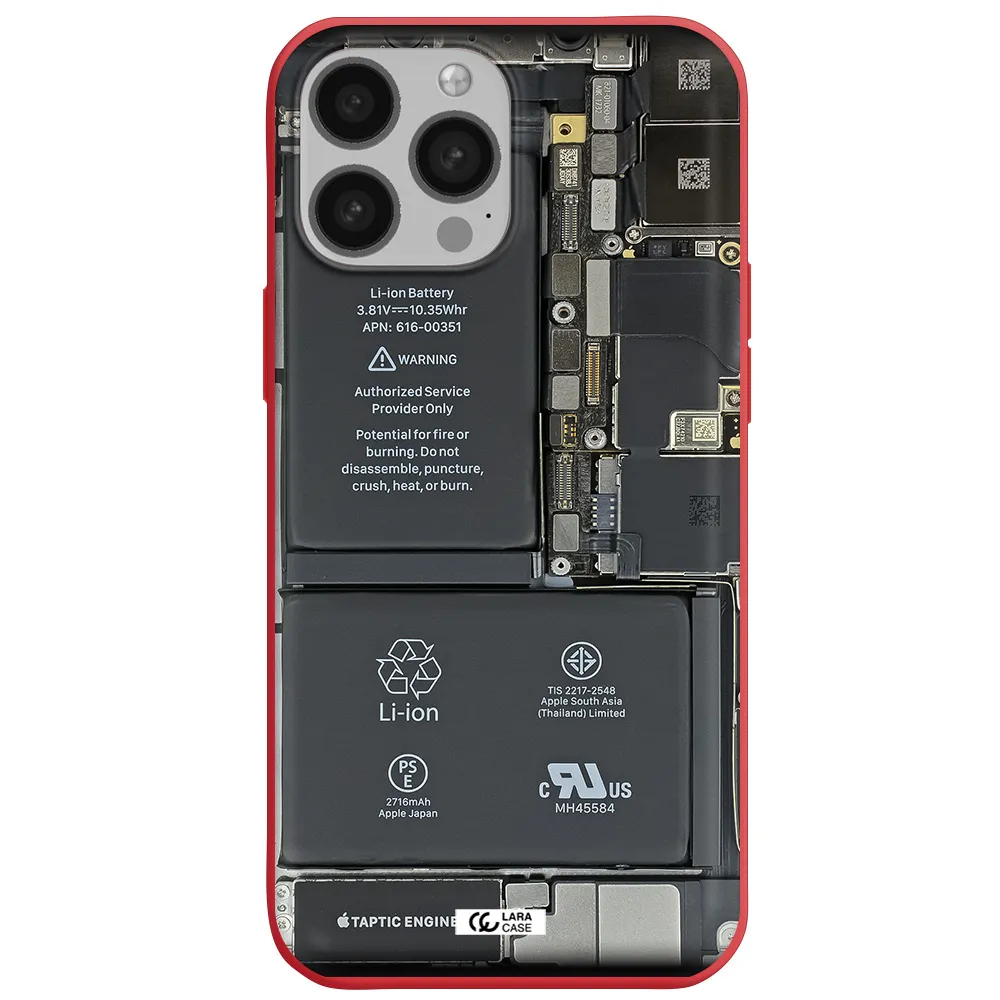 a close-up of a cell phone battery Apple iPhone 13 Pro Silicone Imperial Red Case