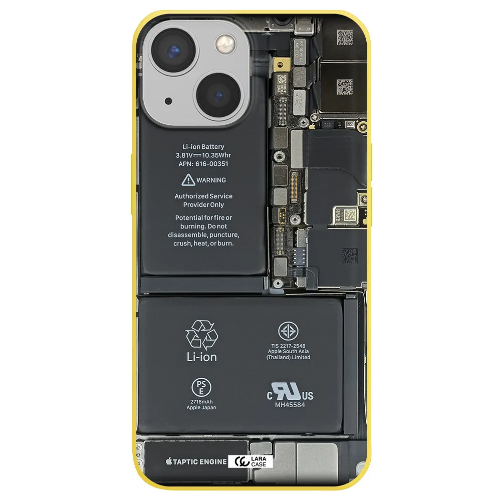 a close-up of a cell phone battery Apple iPhone 13 Silicone canary yellow Case