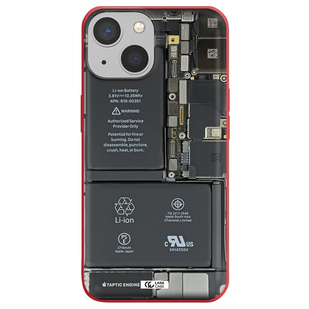 a close-up of a cell phone battery Apple iPhone 13 Silicone Imperial Red Case