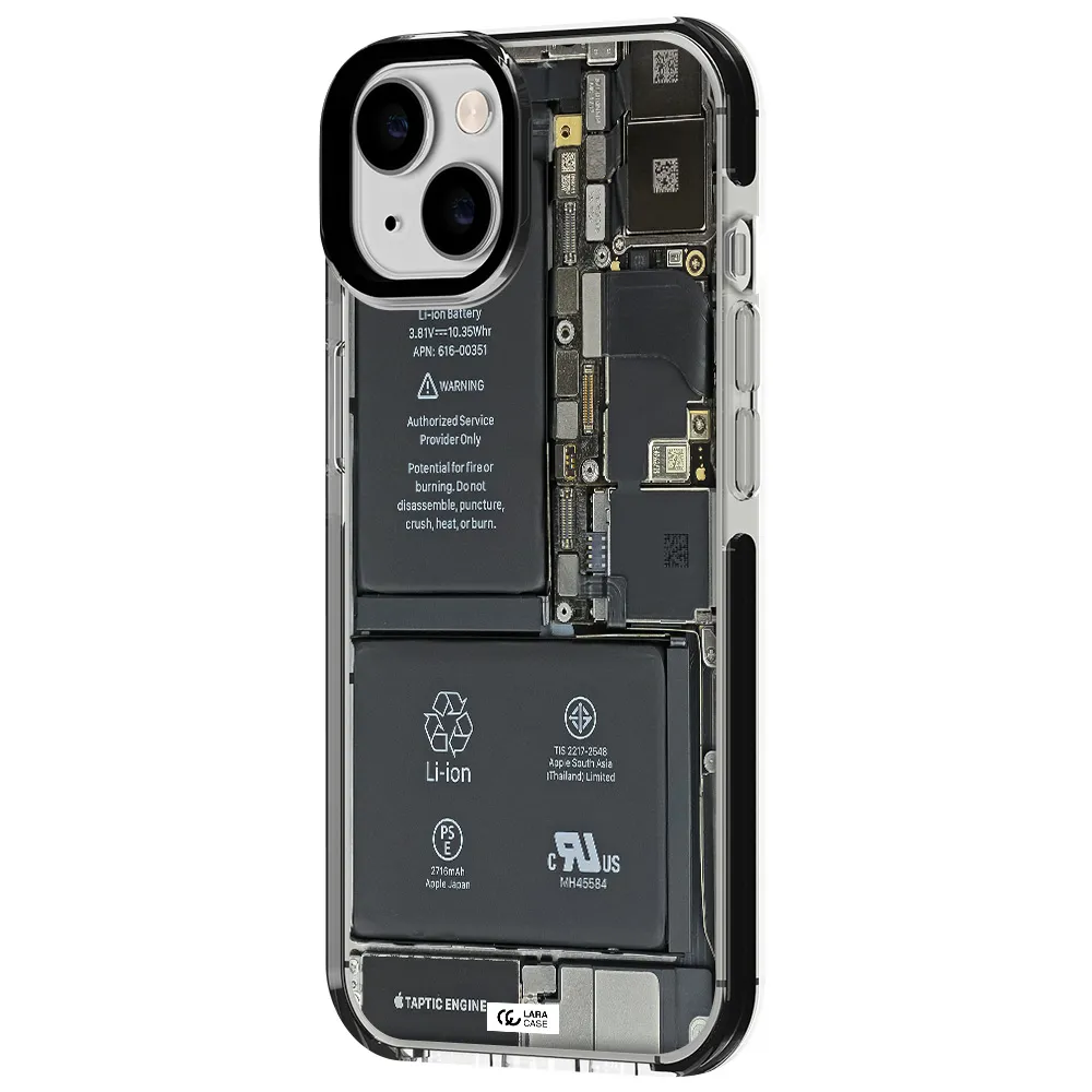 a close-up of a cell phone battery Apple iPhone 14 impact black border Case