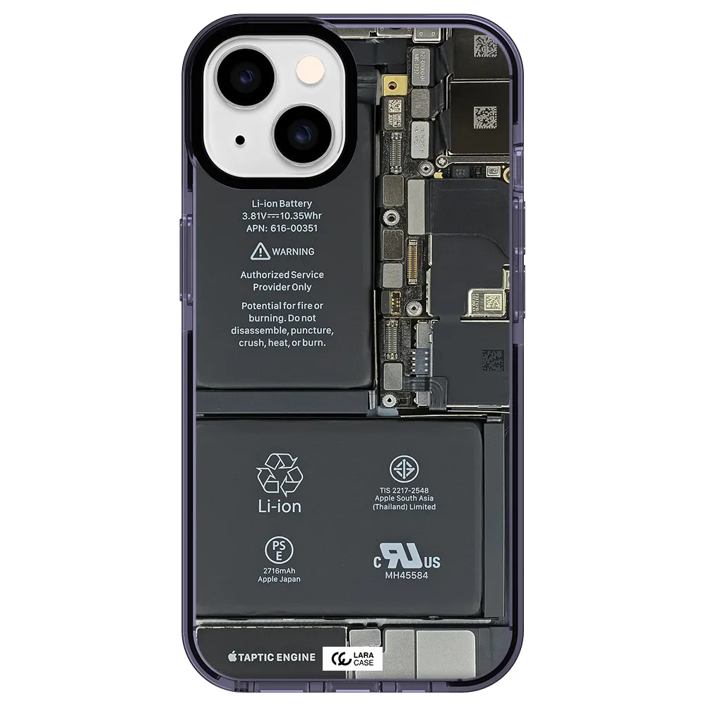 a close-up of a cell phone battery Apple iPhone 14 impact Lilac Case