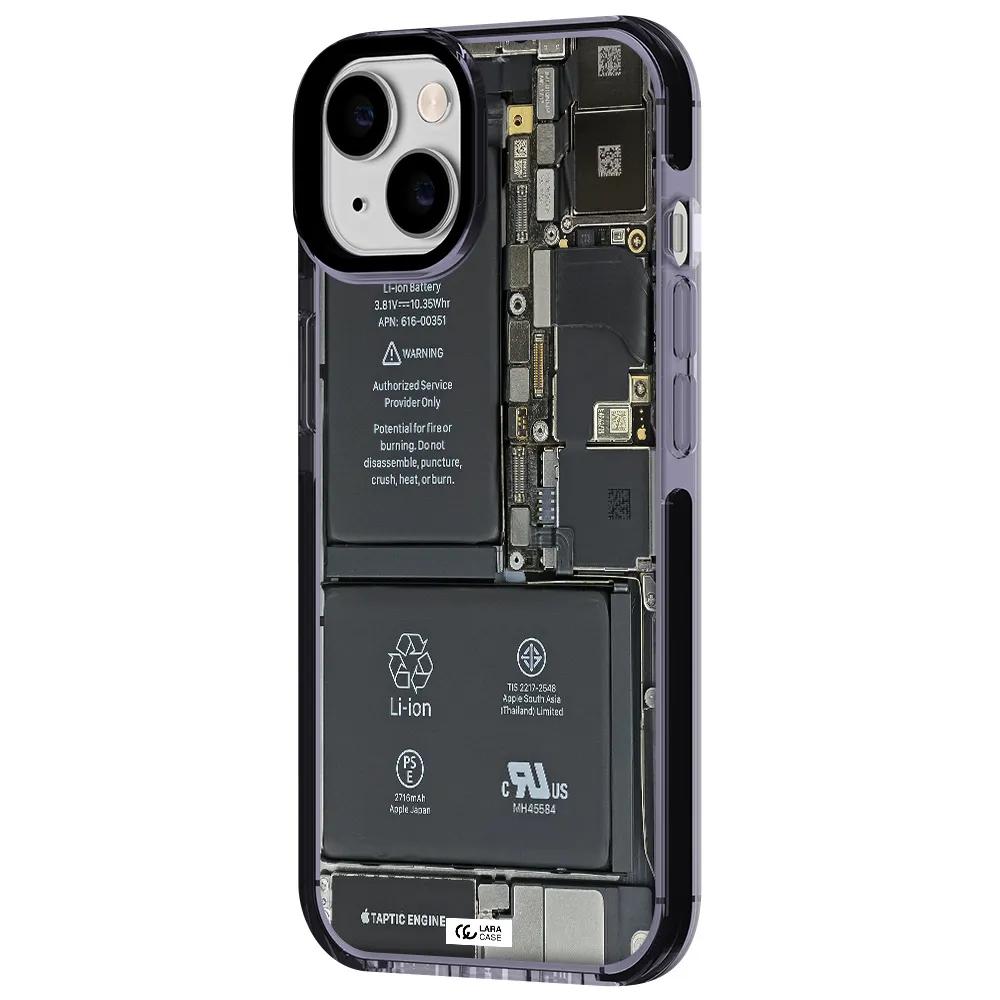 a close-up of a cell phone battery Apple iPhone 14 impact Lilac Case