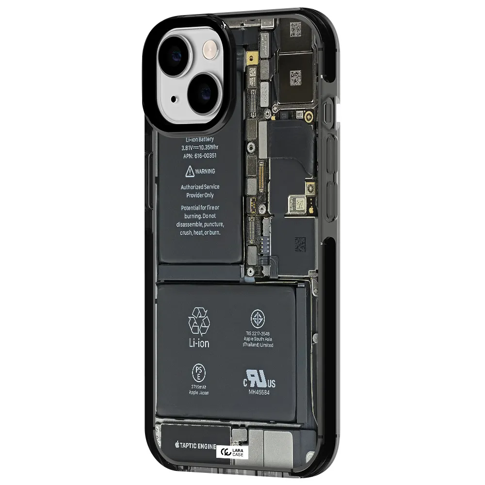 a close-up of a cell phone battery Apple iPhone 14 impact Smoke Black Case