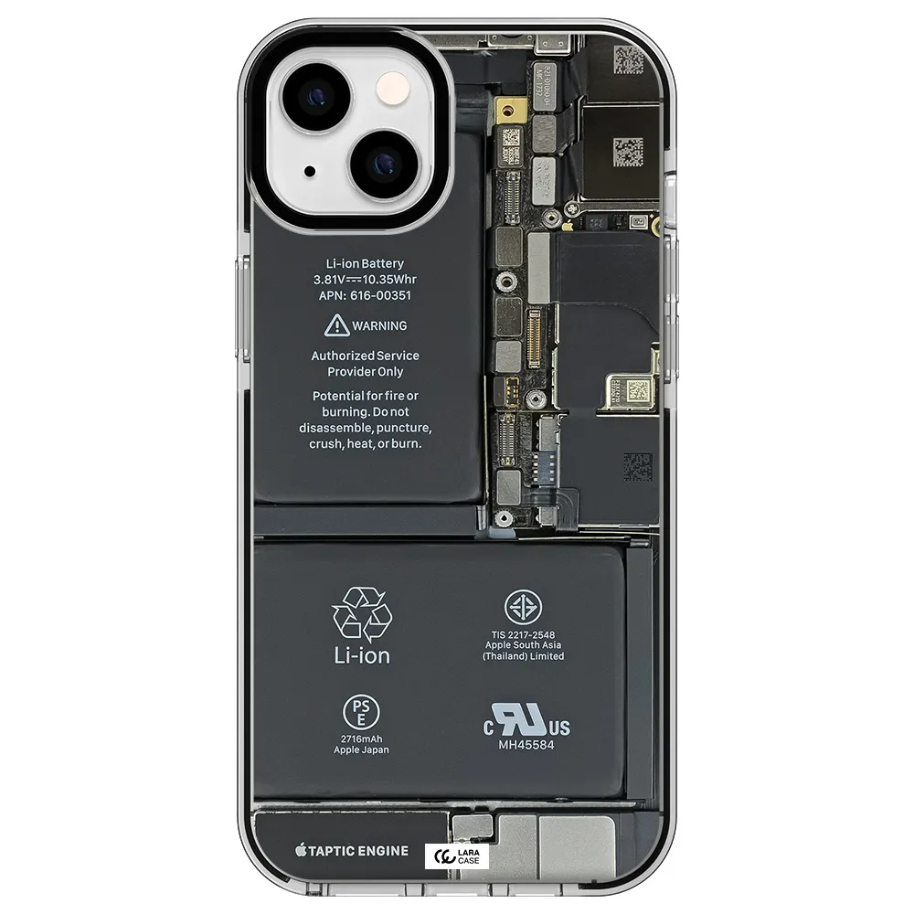 a close-up of a cell phone battery Apple iPhone 14 plus impact black border Case