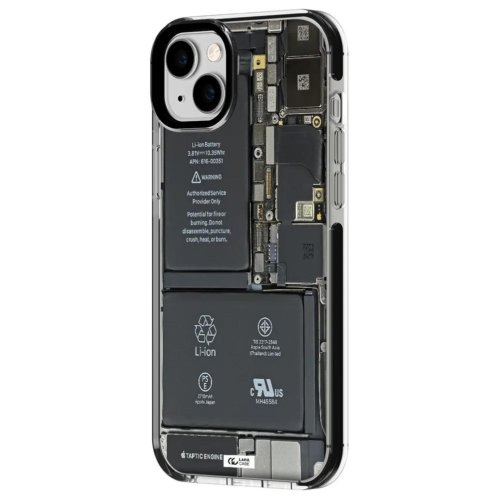 a close-up of a cell phone battery Apple iPhone 14 plus impact black border Case