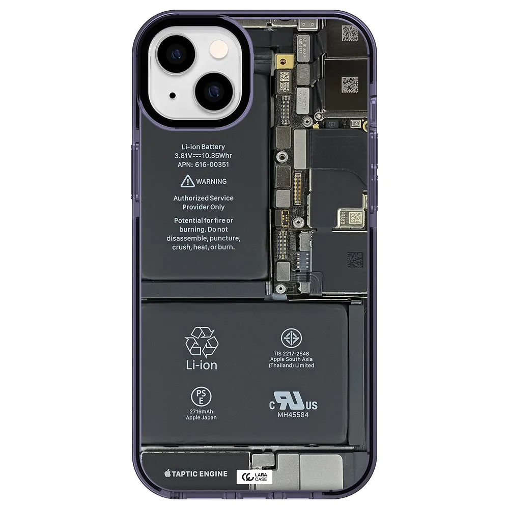 a close-up of a cell phone battery Apple iPhone 14 plus impact Lilac Case