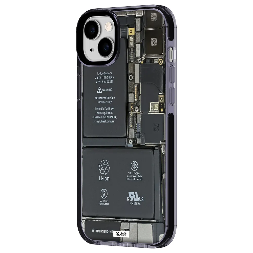 a close-up of a cell phone battery Apple iPhone 14 plus impact Lilac Case