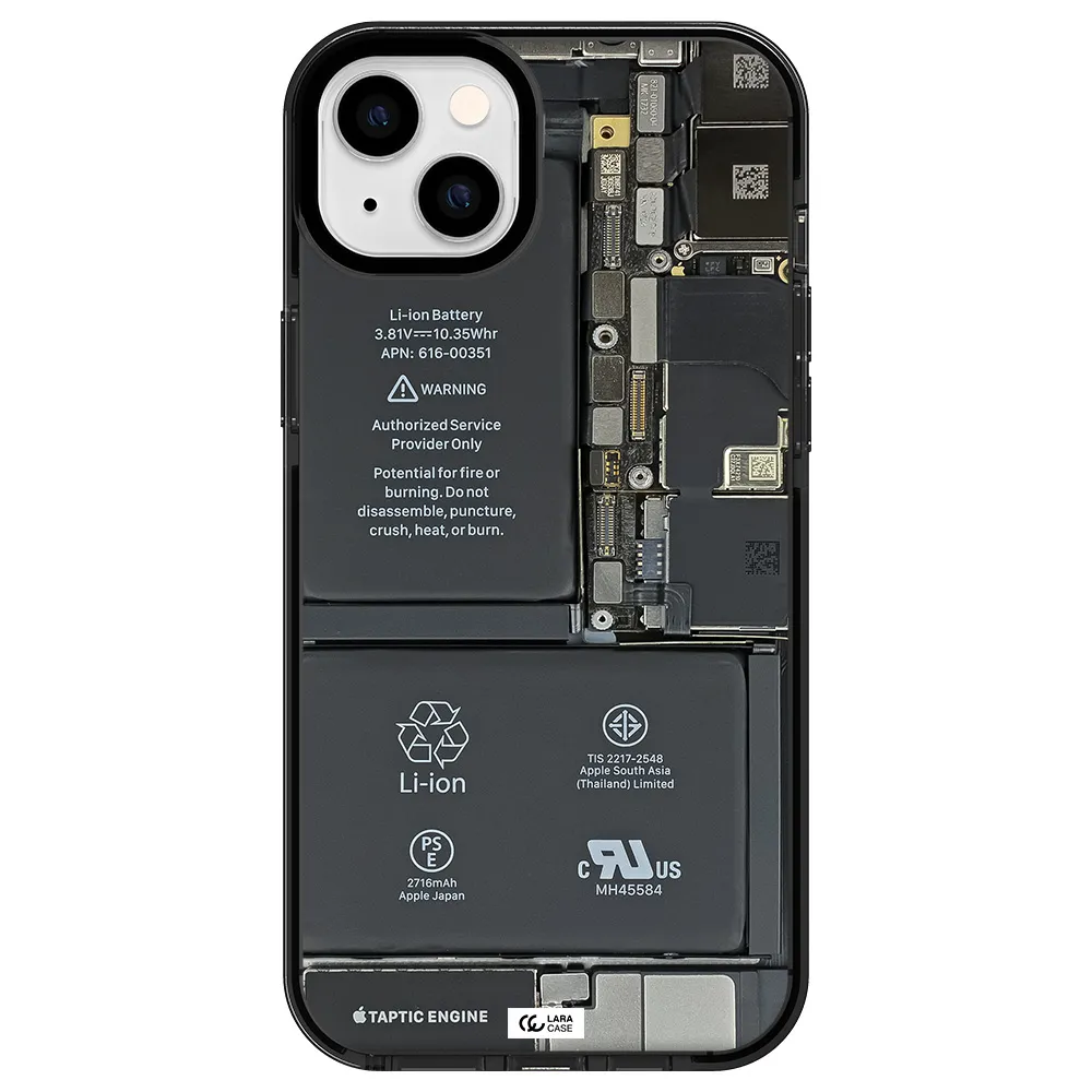 a close-up of a cell phone battery Apple iPhone 14 plus impact Smoke Black Case