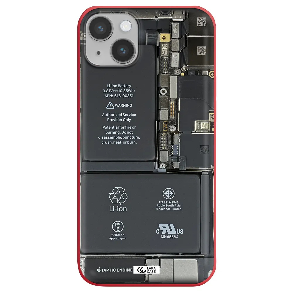 a close-up of a cell phone battery Apple iPhone 14 plus Silicone Imperial Red Case