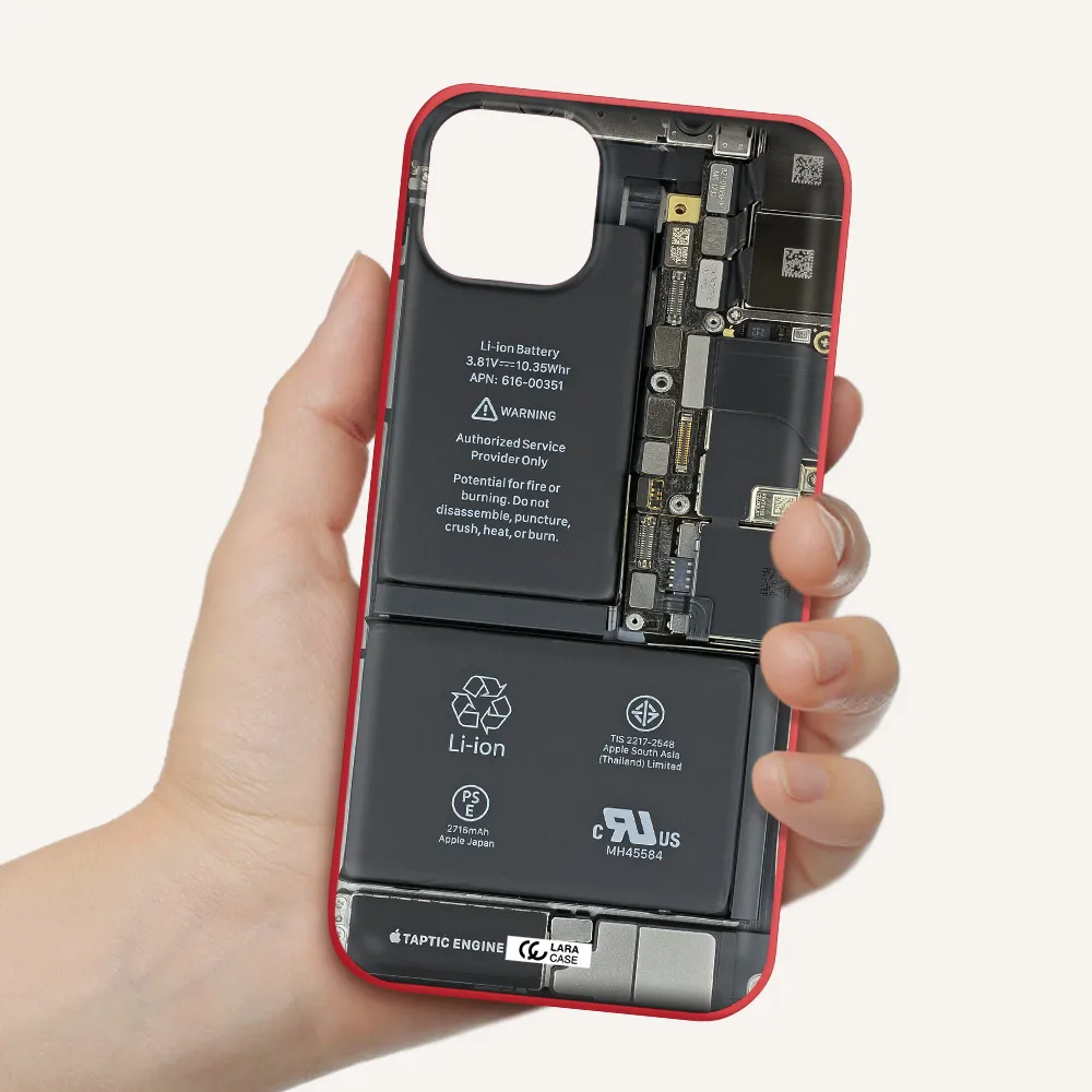 a close-up of a cell phone battery Apple iPhone 14 plus Silicone Imperial Red Case