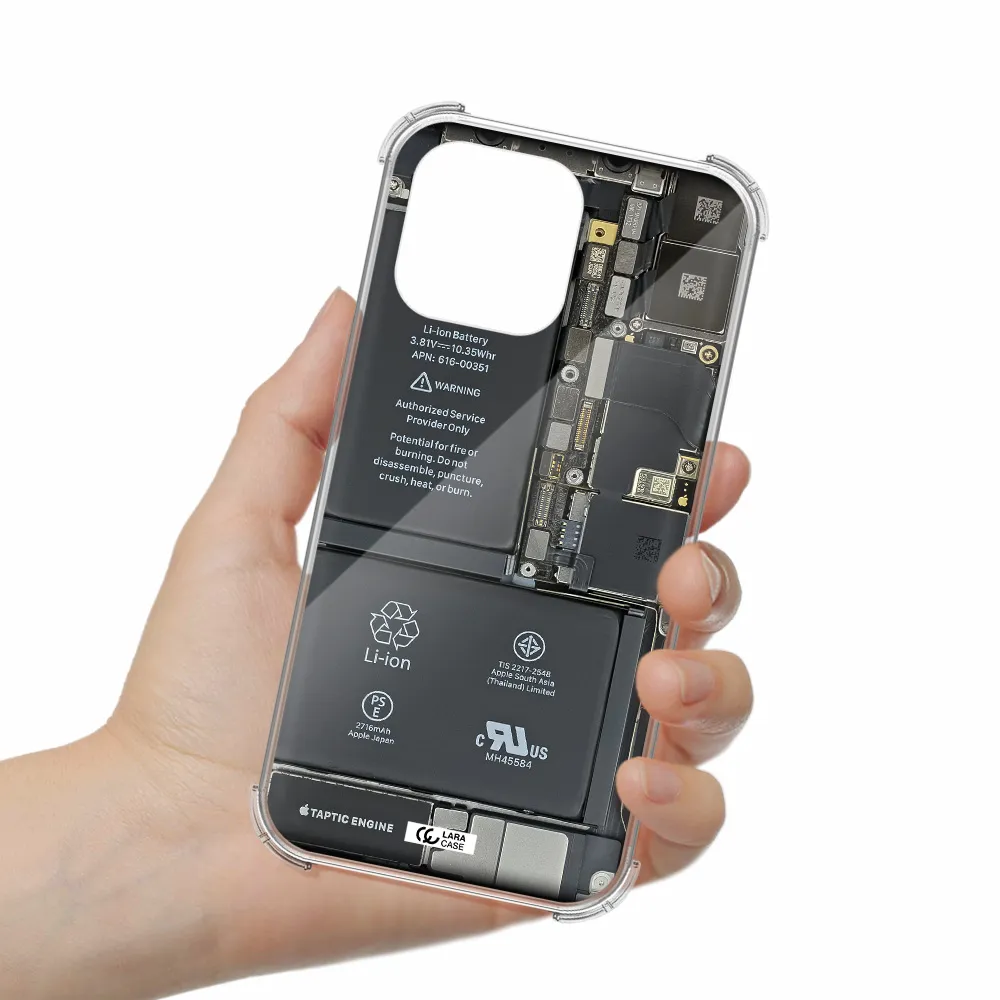 a close-up of a cell phone battery Apple iPhone 14 pro Clear PC Case