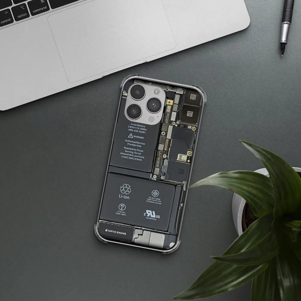 a close-up of a cell phone battery Apple iPhone 14 pro Clear PC Case