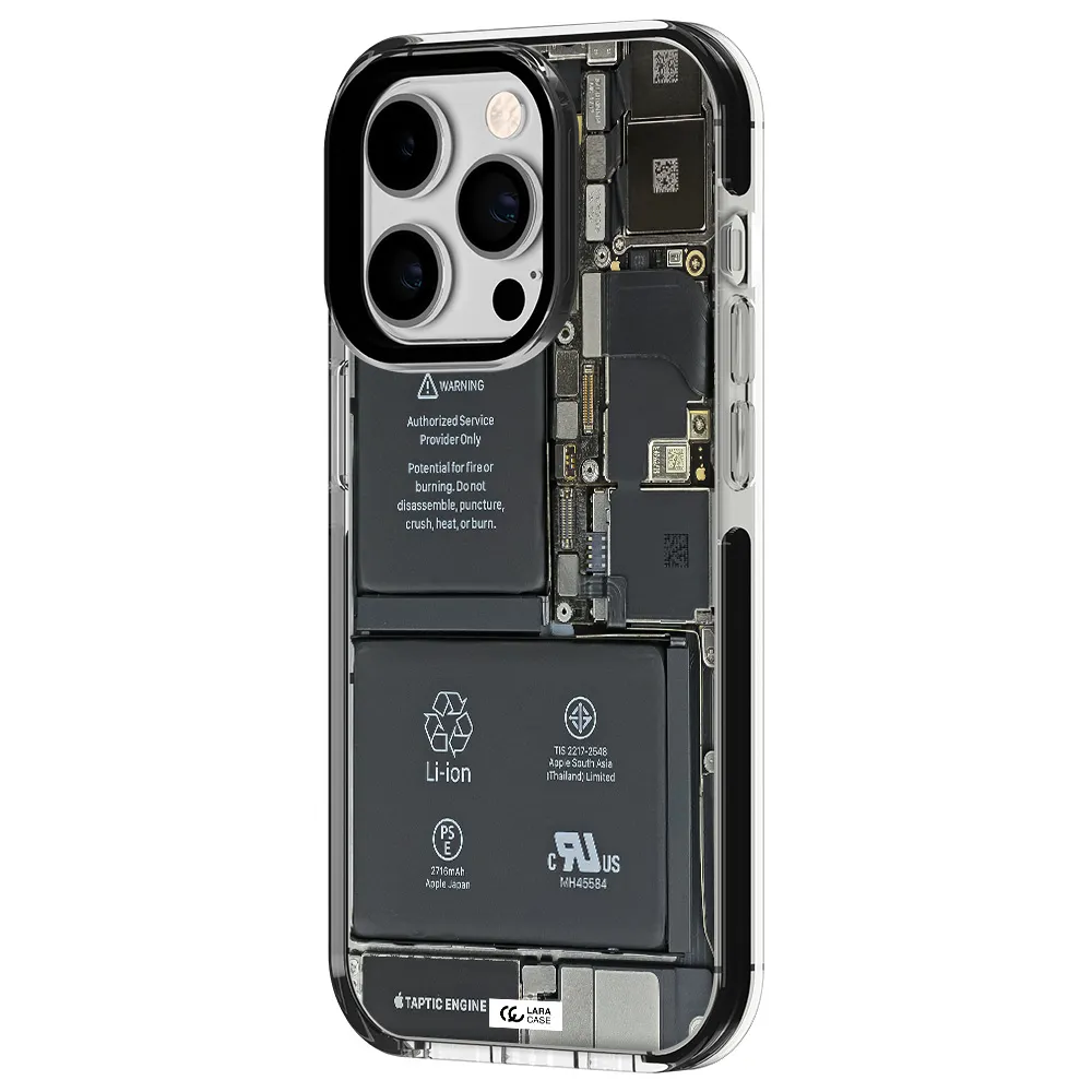 a close-up of a cell phone battery Apple iPhone 14 pro impact black border Case
