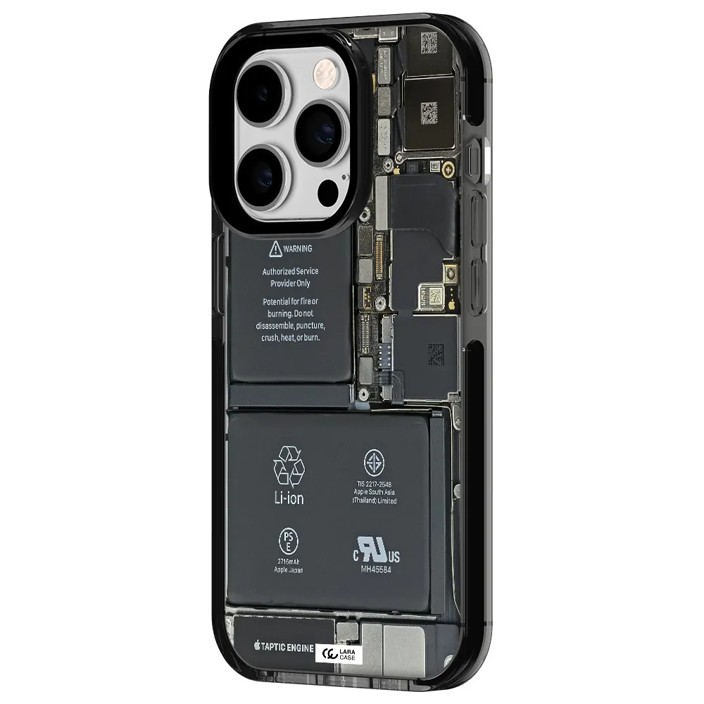 a close-up of a cell phone battery Apple iPhone 14 pro impact Smoke Black Case