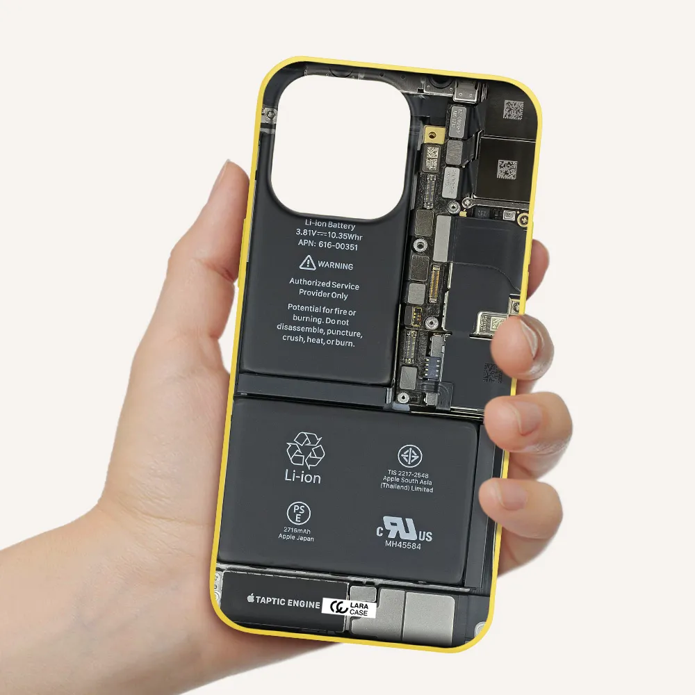 a close-up of a cell phone battery Apple iPhone 14 pro max Silicone canary yellow Case