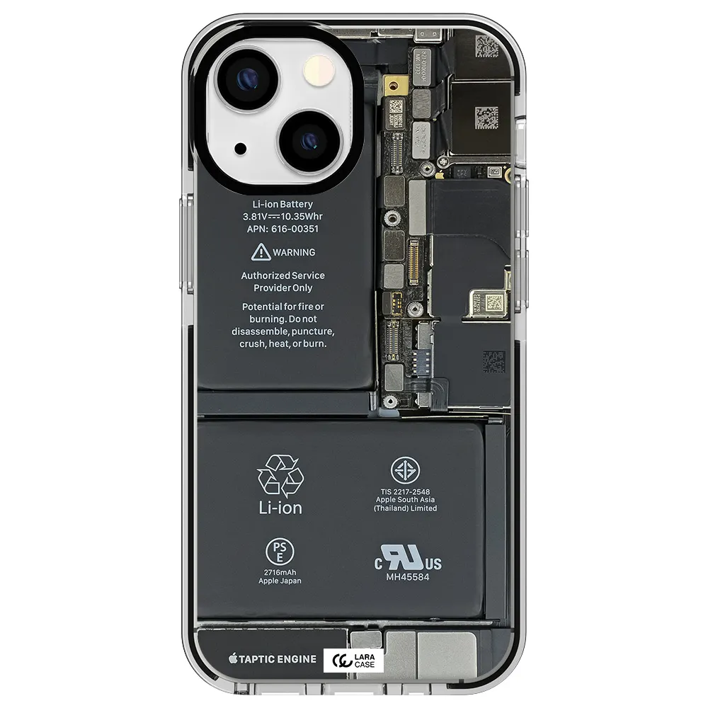 a close-up of a cell phone battery Apple iPhone 15 impact black border Case