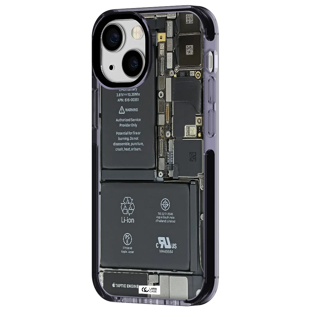 a close-up of a cell phone battery Apple iPhone 15 impact Lilac Case