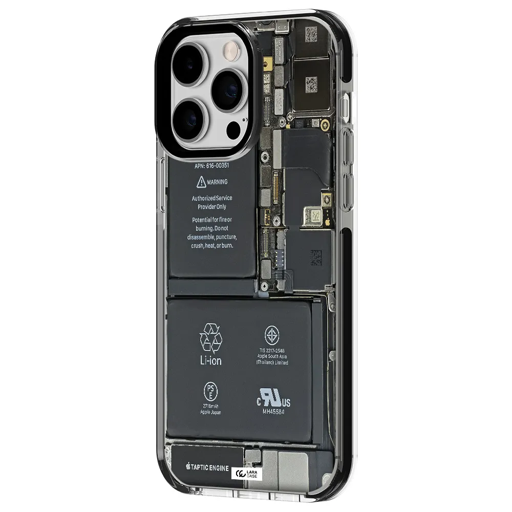 a close-up of a cell phone battery Apple iPhone 15 Pro Max impact black border Case