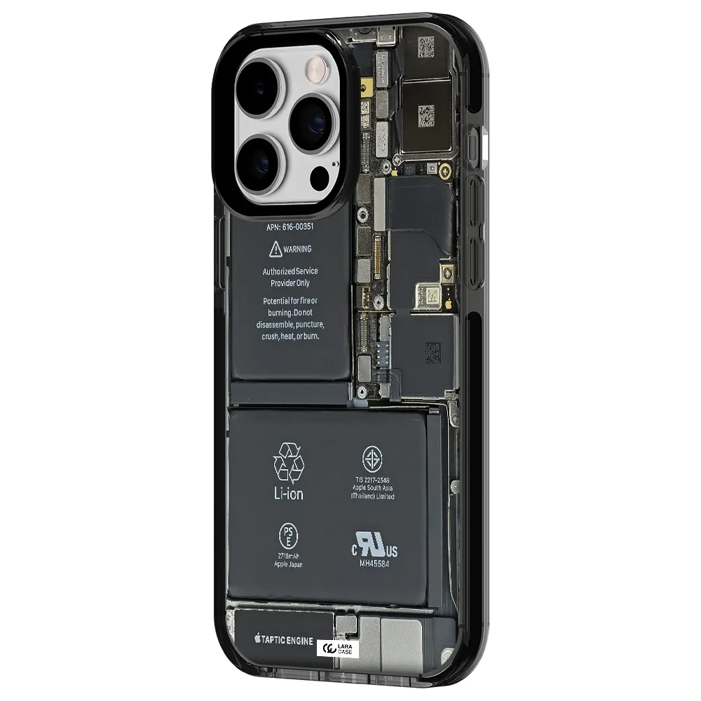 a close-up of a cell phone battery Apple iPhone 15 Pro Max impact Smoke Black Case