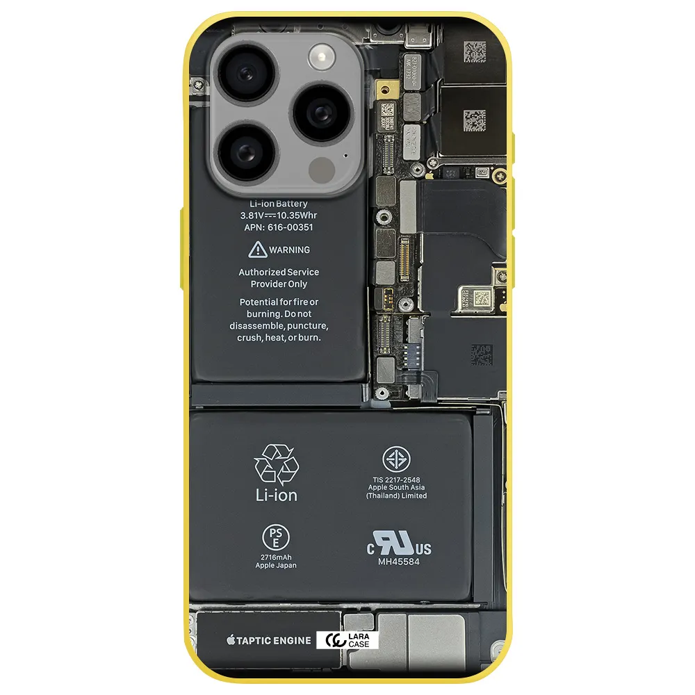 a close-up of a cell phone battery Apple Iphone 15 Pro max Silicone canary yellow Case