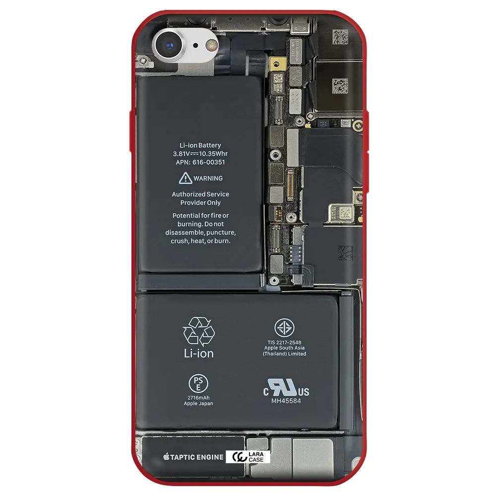 a close-up of a cell phone battery Apple iPhone 8 Silicone Imperial Red Case