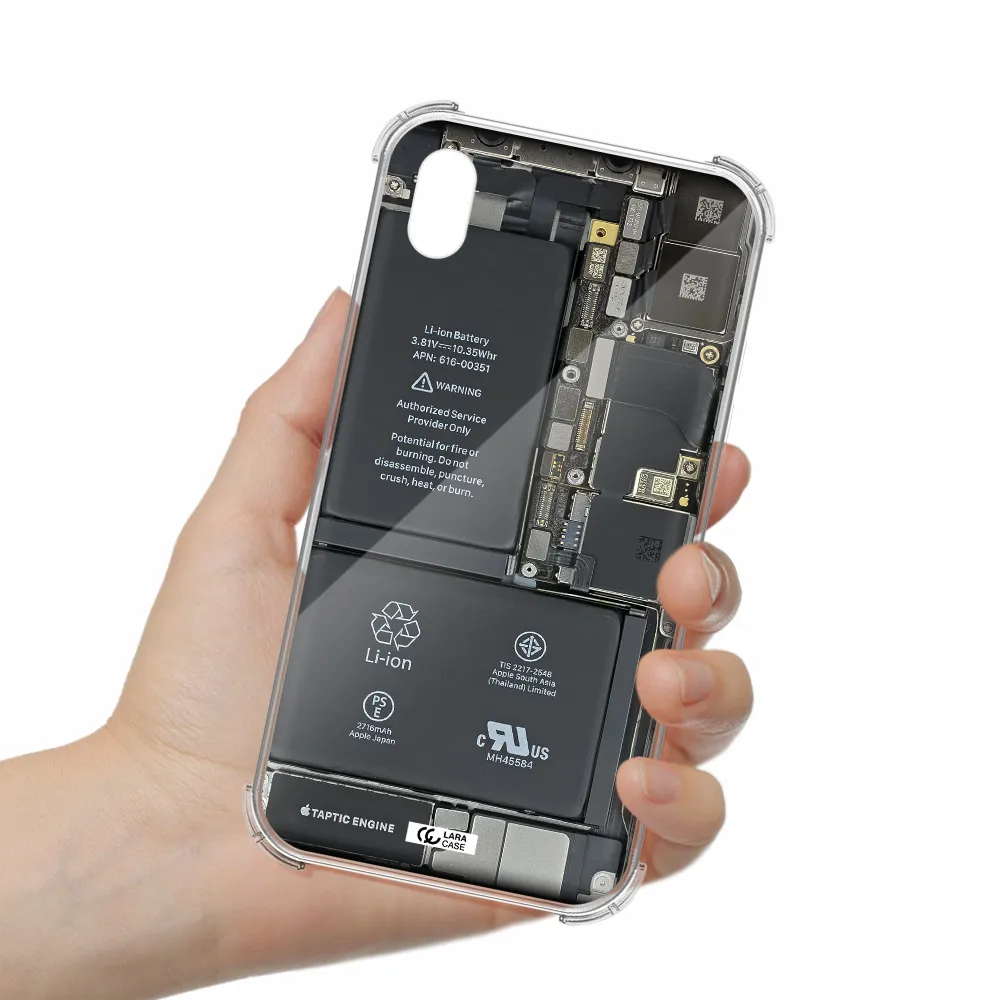 a close-up of a cell phone battery Apple iPhone XR Clear PC Case