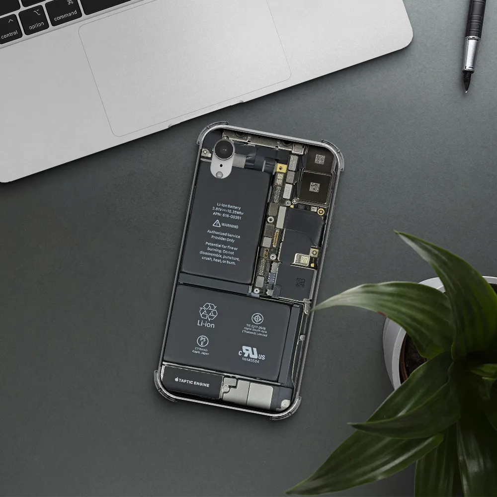 a close-up of a cell phone battery Apple iPhone XR Clear PC Case