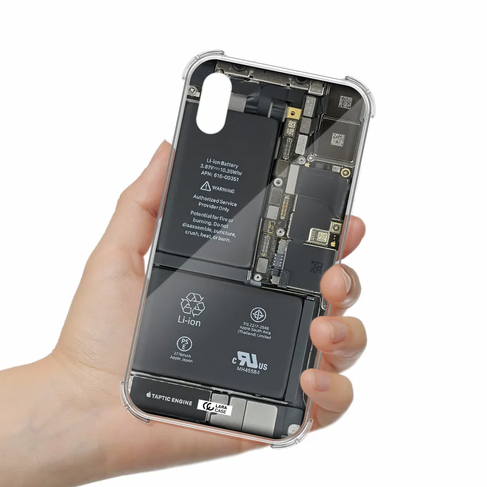 a close-up of a cell phone battery Apple iPhone XS Clear PC Case
