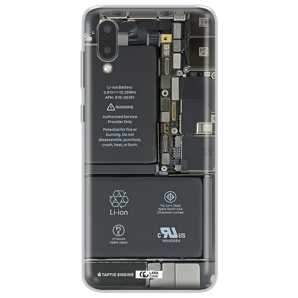A Close-Up Of A Cell Phone Battery Samsung A02 Clear Tpu Case