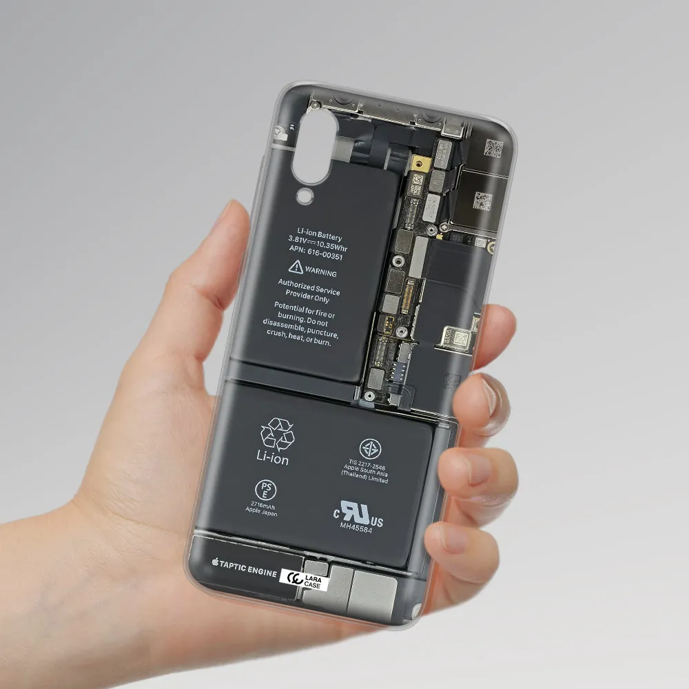 A Close-Up Of A Cell Phone Battery Samsung A02 Clear Tpu Case
