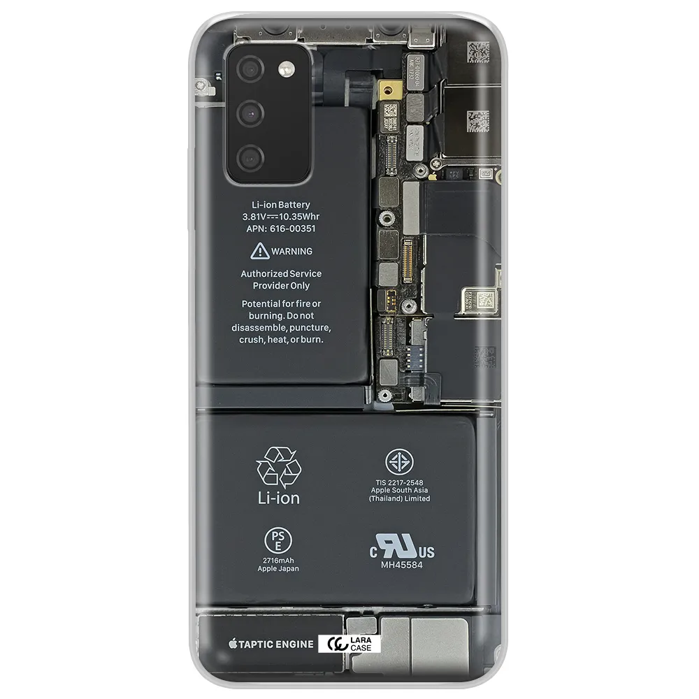 A Close-Up Of A Cell Phone Battery Samsung A03S Clear Tpu Case