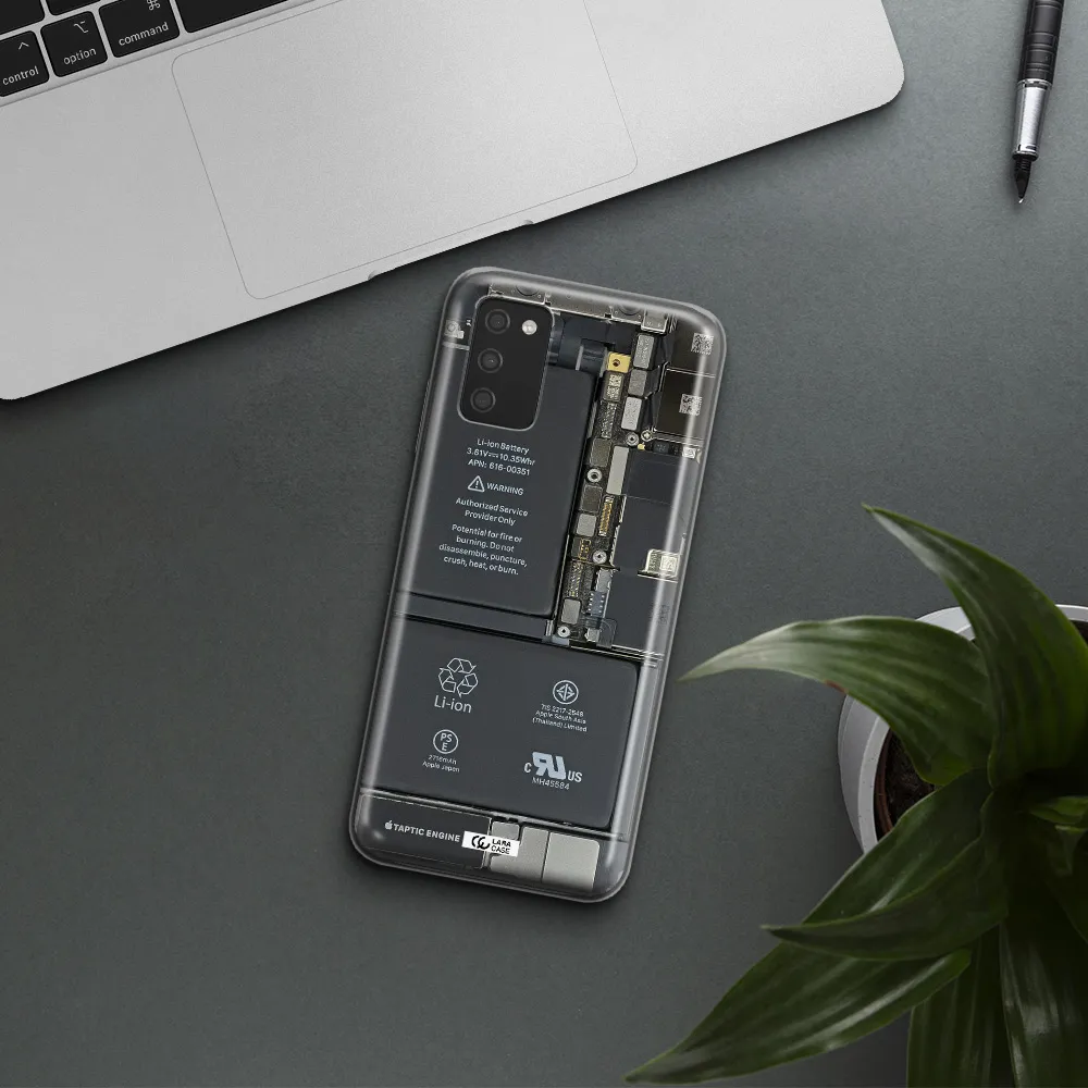 A Close-Up Of A Cell Phone Battery Samsung A03S Clear Tpu Case