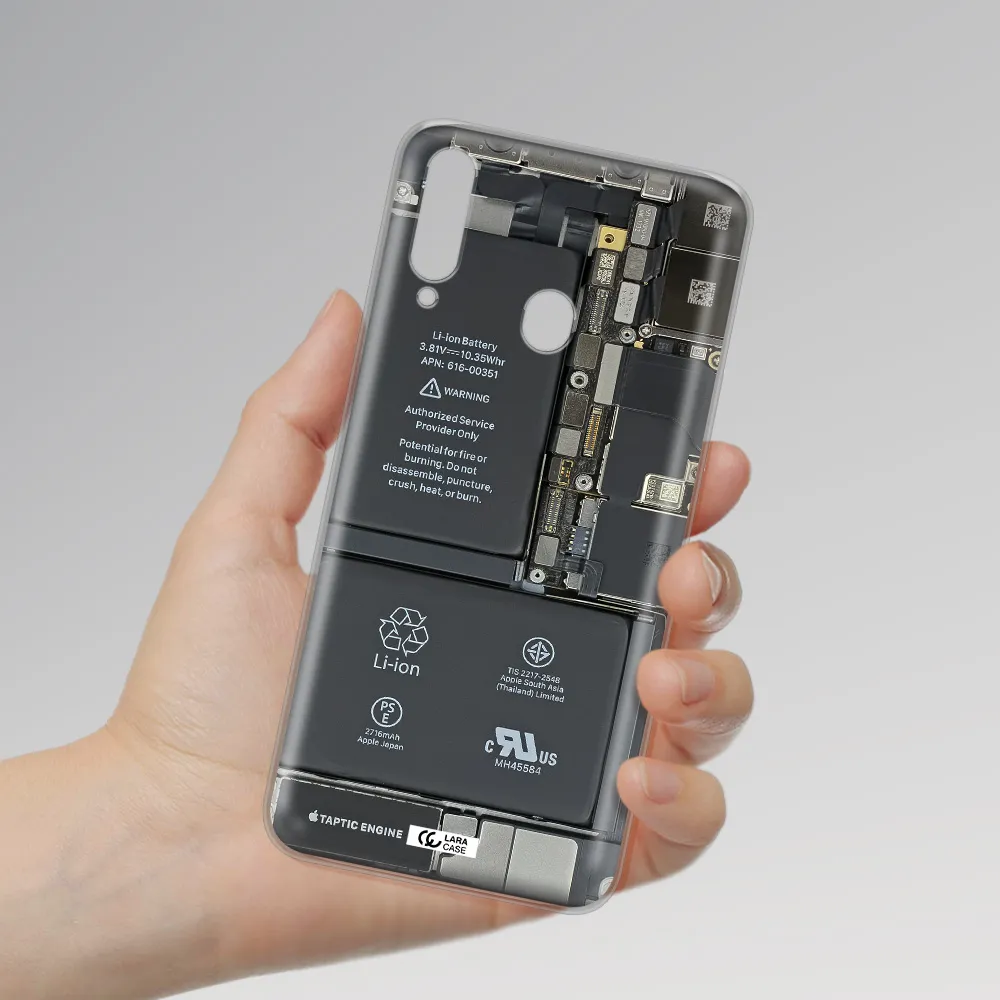 A Close-Up Of A Cell Phone Battery Samsung A20S Clear Tpu Case