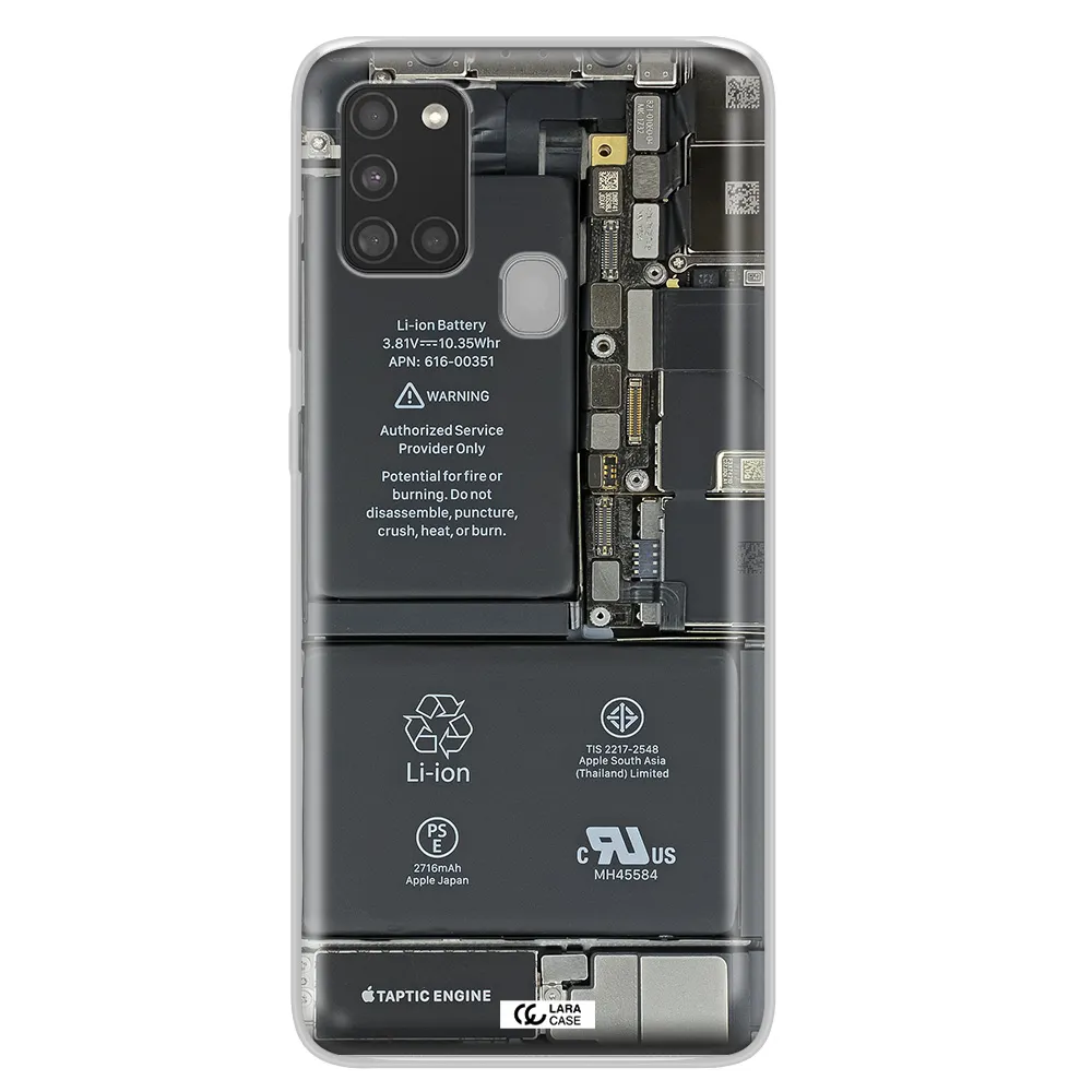 A Close-Up Of A Cell Phone Battery Samsung A21S Clear Tpu Case