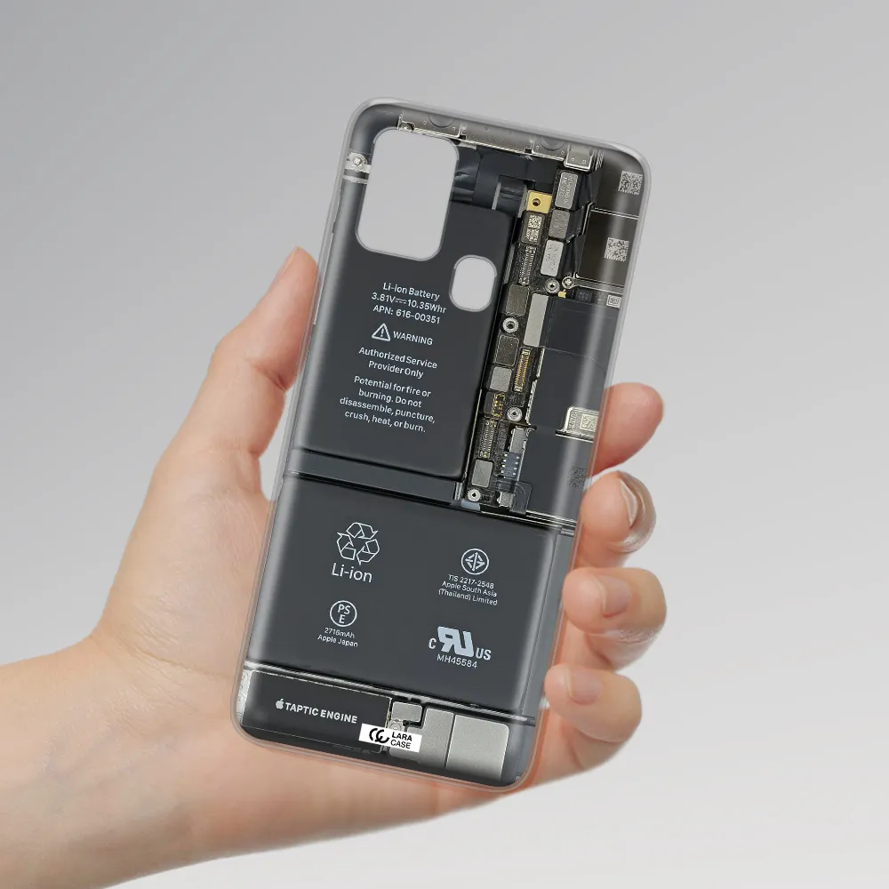 A Close-Up Of A Cell Phone Battery Samsung A21S Clear Tpu Case