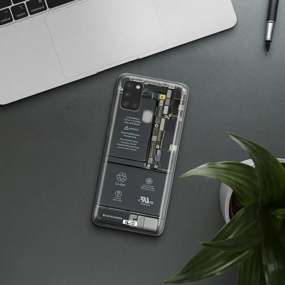 A Close-Up Of A Cell Phone Battery Samsung A21S Clear Tpu Case