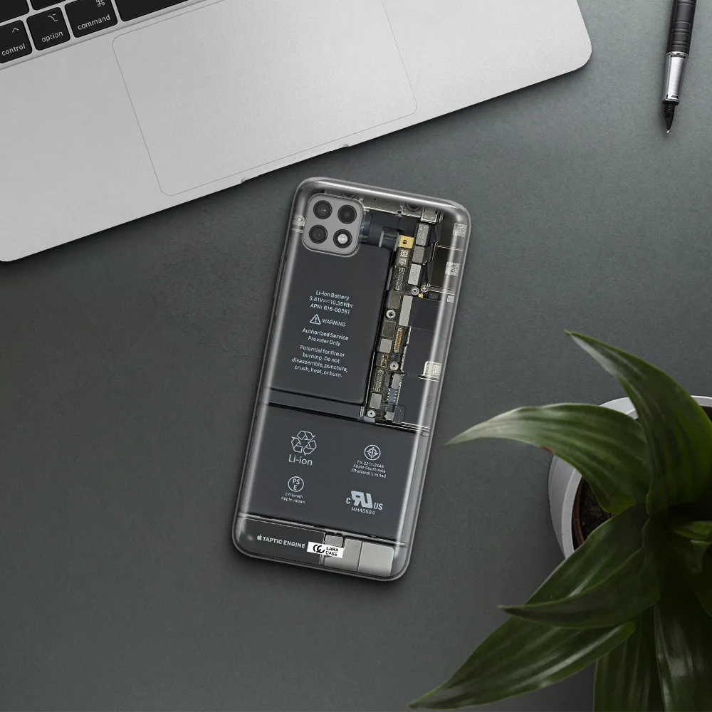 A Close-Up Of A Cell Phone Battery Samsung A22 5G Clear Tpu Case