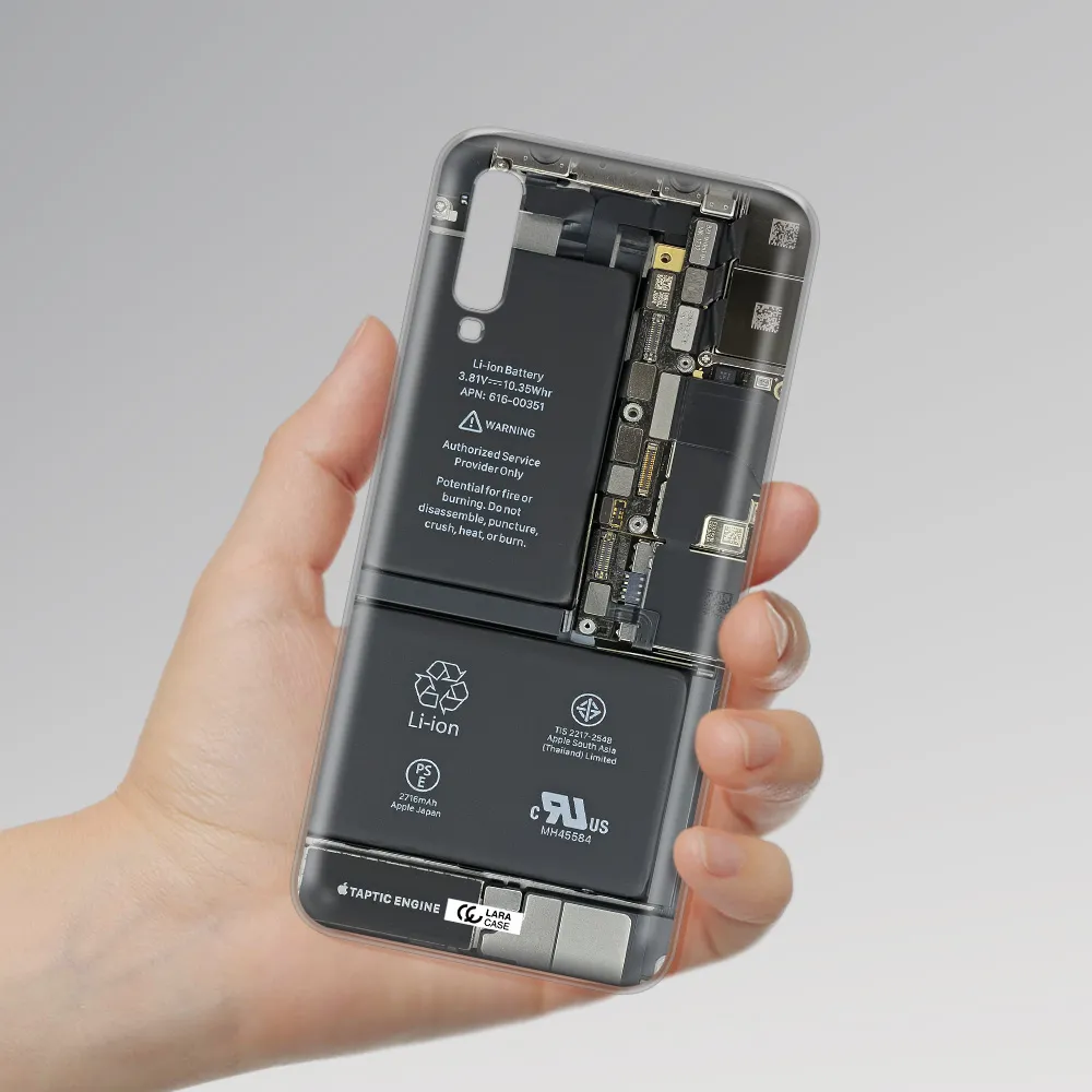 A Close-Up Of A Cell Phone Battery Samsung A70S Clear Tpu Case