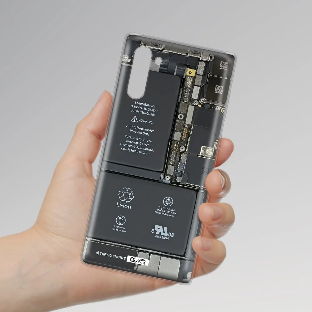 A Close-Up Of A Cell Phone Battery Samsung Note 10 Clear Tpu Case