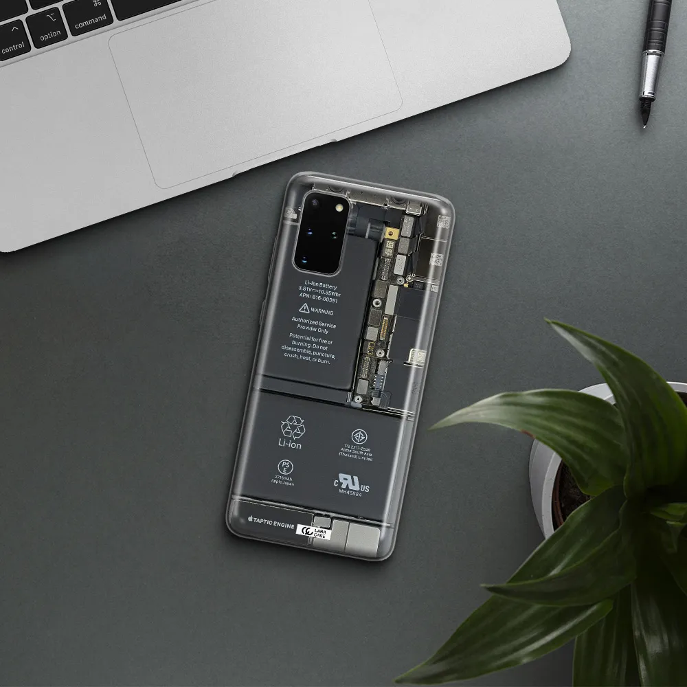 A Close-Up Of A Cell Phone Battery Samsung S 20 Plus Clear Tpu Case