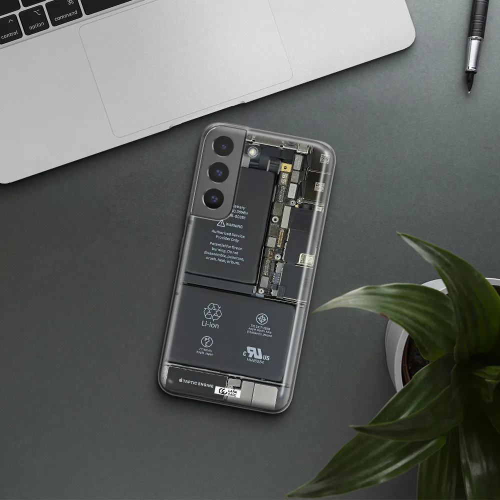 A Close-Up Of A Cell Phone Battery Samsung S 22 Plus Clear Tpu Case