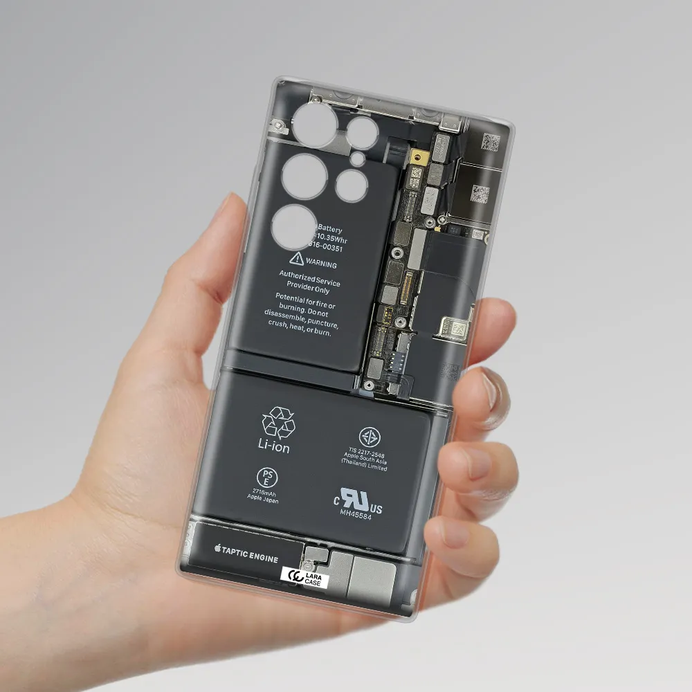 A Close-Up Of A Cell Phone Battery Samsung S 22 Ultra Clear Tpu Case