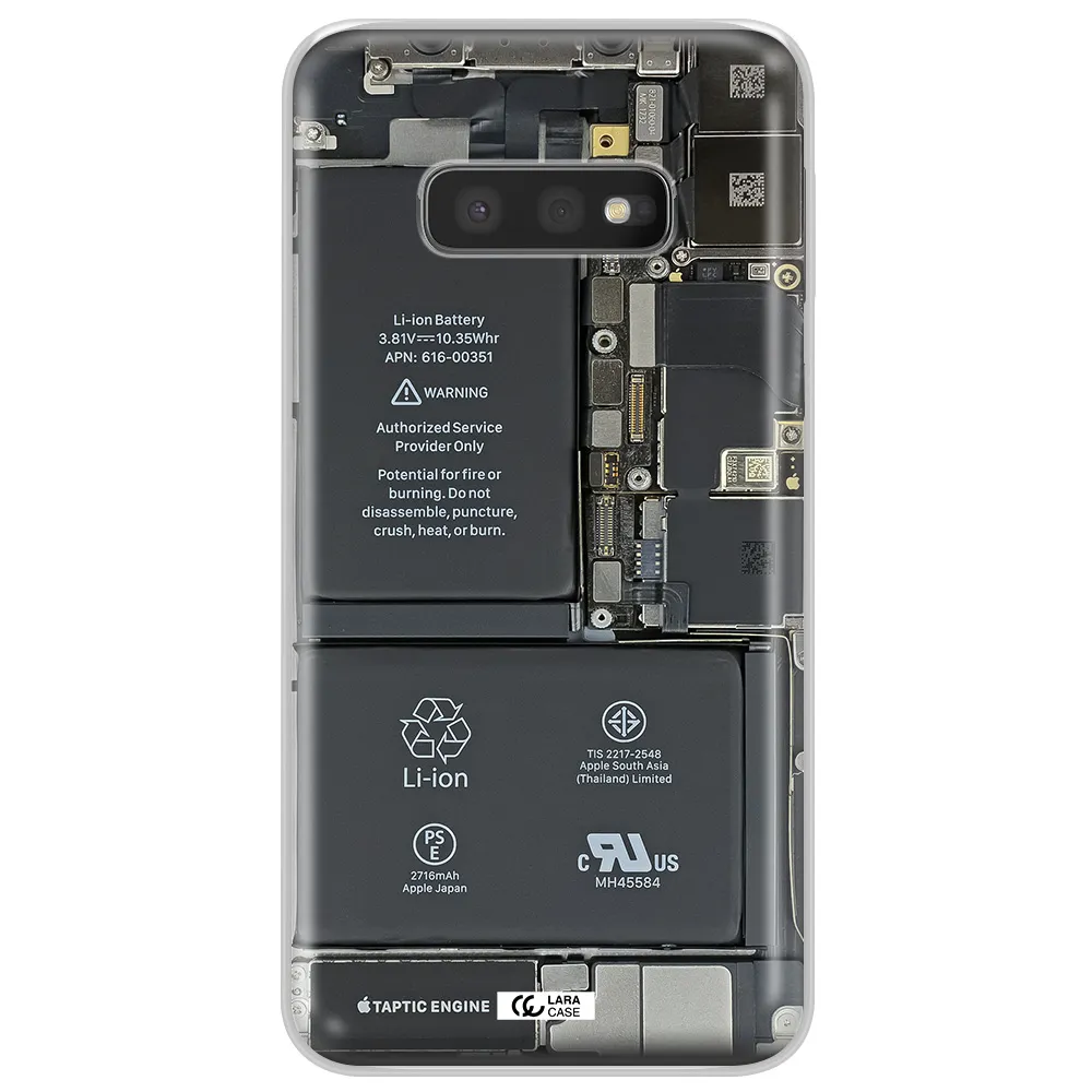 A Close-Up Of A Cell Phone Battery Samsung S10E Clear Tpu Case